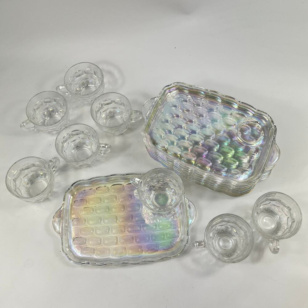 Federal Glass Iridescent x8 Snack Sets Cups Plates 16pc Clear Carnival Glass